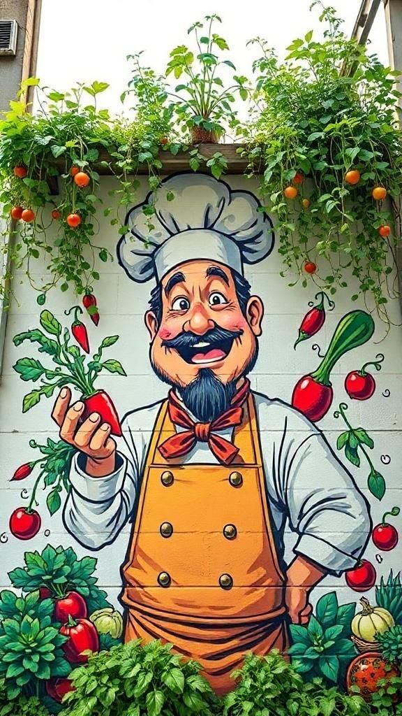 Artist applying paint to a large wall mural